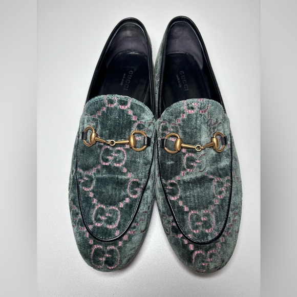 GUCCI Authentic GG Velvet Embossed Slip On Horsebit Loafers Size 39 Green Pink - Picture 1 of 15